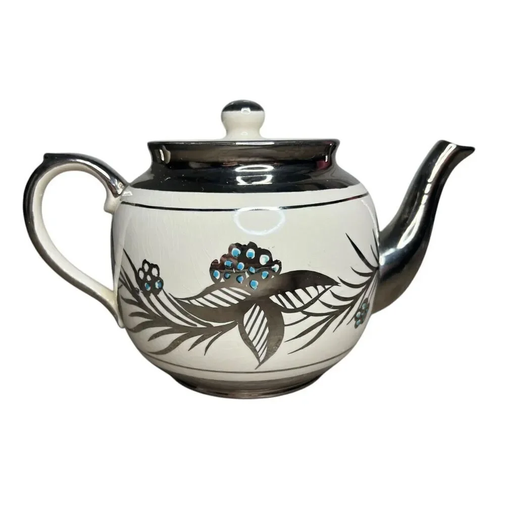Vintage Price Bros. Ceramic Teapot Silver Blue‎ White Made in England